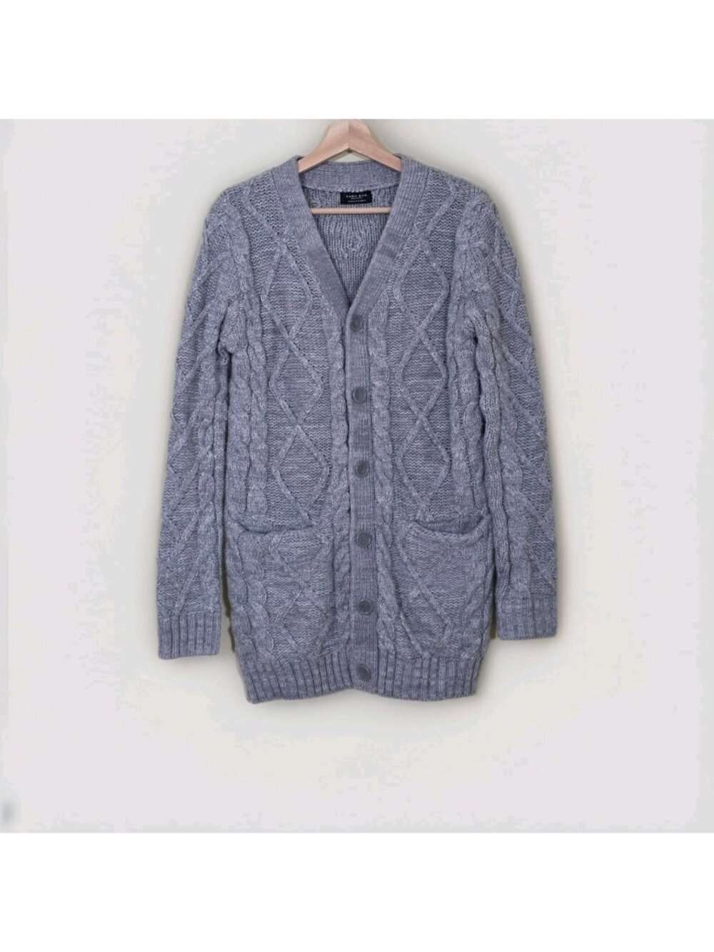 Zara Cable Knit Grandpa Cardigan Mens M Gray LS Button Pockets Academia Cottage